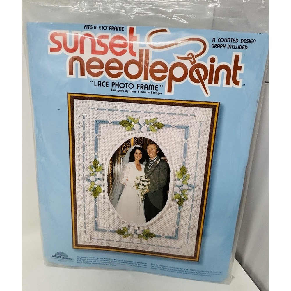 Vintage Sunset Needlepoint Wedding Lace Photo Frame Kit Fits 8x10 NOS
